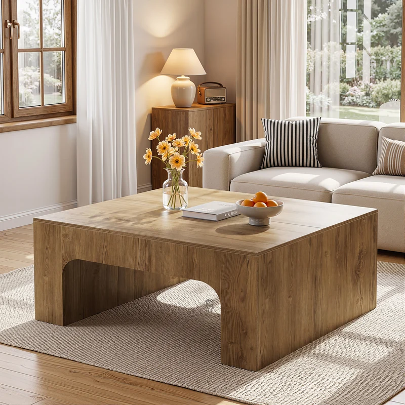 Tribesigns Quadratischer Couchtisch 100 cm im Landhausstil mit geschwungenem Design