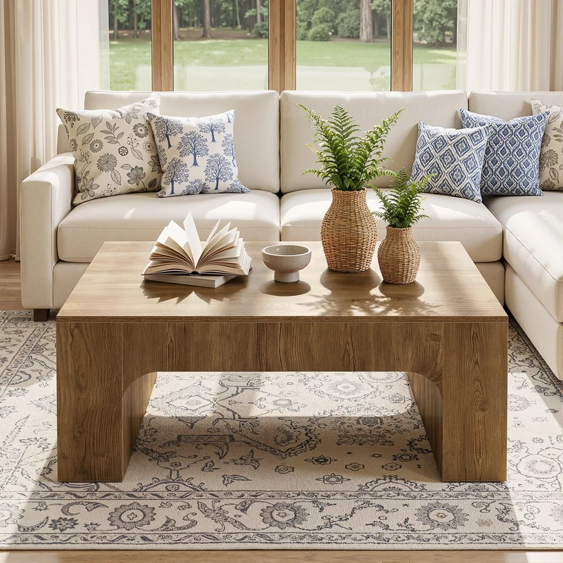 Tribesigns Quadratischer Couchtisch 100 cm im Landhausstil mit geschwungenem Design