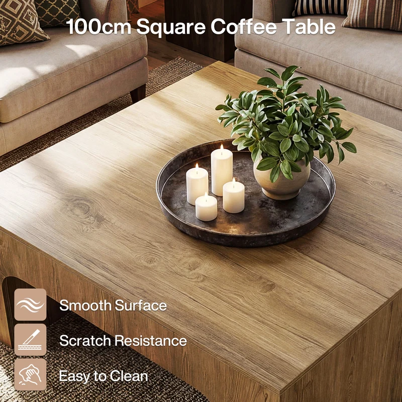 Tribesigns Quadratischer Couchtisch 100 cm im Landhausstil mit geschwungenem Design