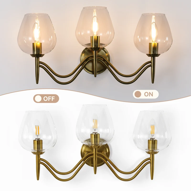 3-flammige Badleuchte 58 cm aus Messing, Spiegelleuchte mit Klarglas, E14 Badezimmerlampe