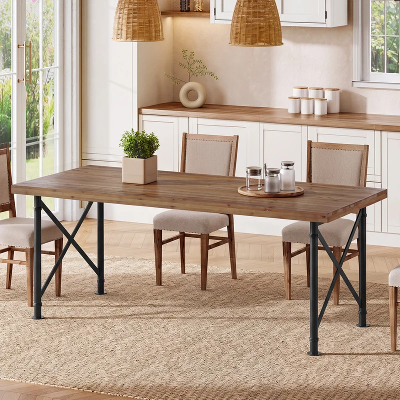 Massivholz Esstisch 160 × 80 cm für 4–6 Personen, Rechteckiger Küchentisch mit X-Metallgestell
