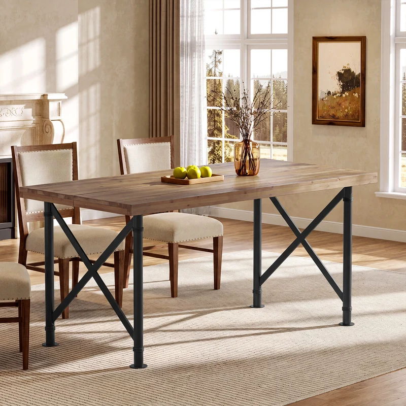 Massivholz Esstisch 160 × 80 cm für 4–6 Personen, Rechteckiger Küchentisch mit X-Metallgestell
