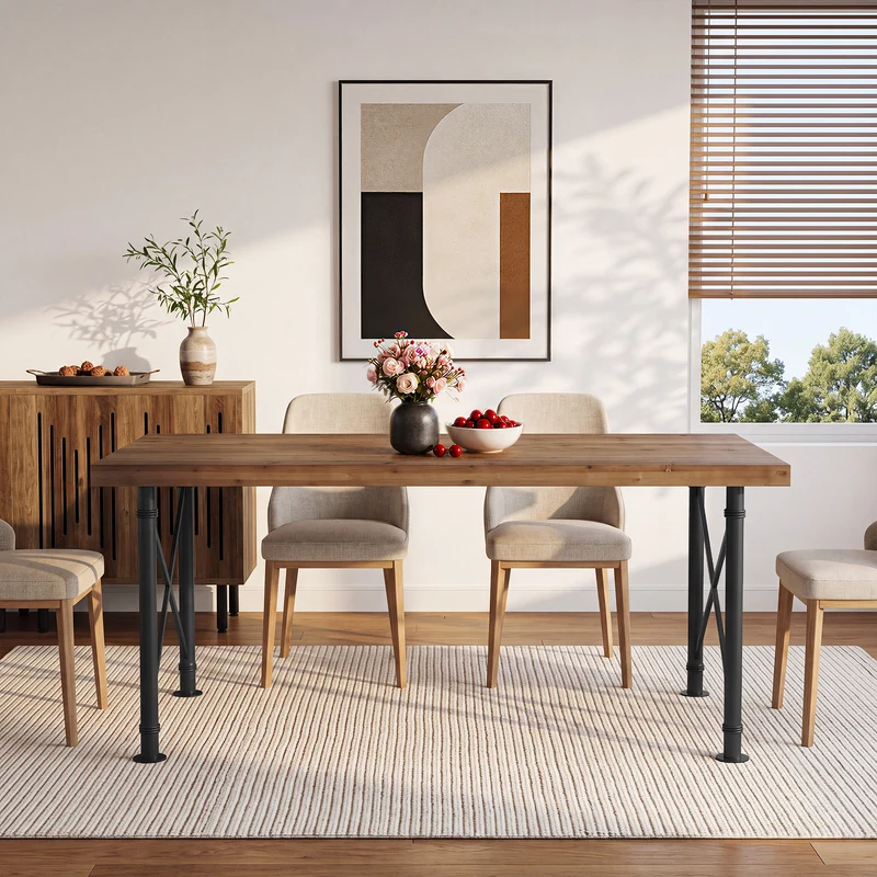Massivholz Esstisch 160 × 80 cm für 4–6 Personen, Rechteckiger Küchentisch mit X-Metallgestell