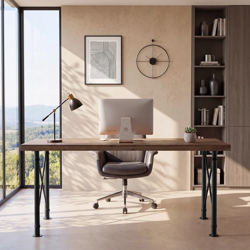 Massivholz Schreibtisch 160 × 80 cm, Computertisch mit X-Metallbeinen für Homeoffice