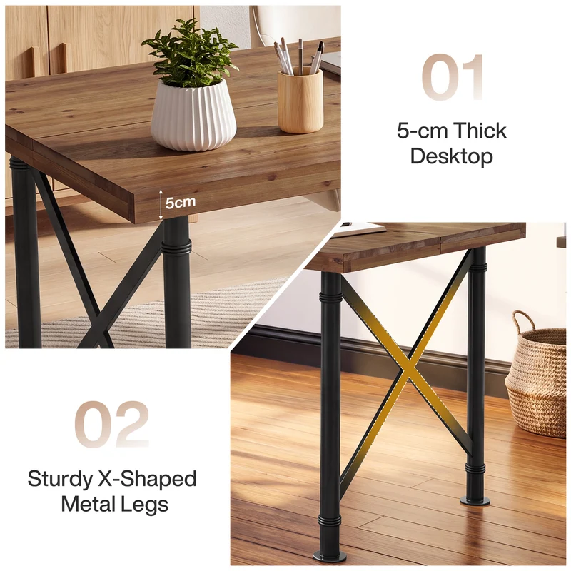 Massivholz Schreibtisch 160 × 80 cm, Computertisch mit X-Metallbeinen für Homeoffice