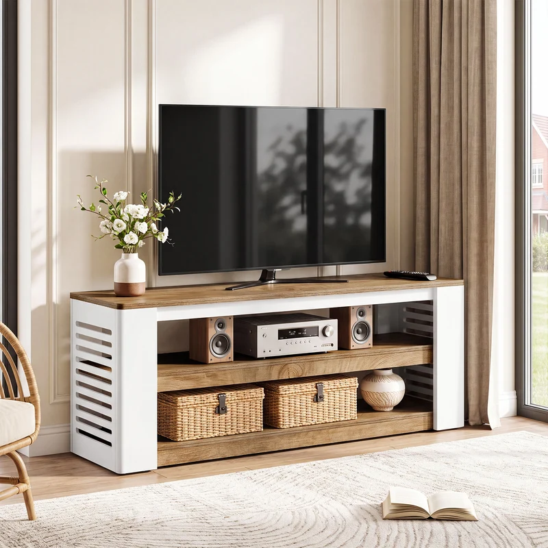 160 cm TV-Lowboard für Fernseher bis 75 Zoll, 3-stufiges TV-Möbel mit Stauraum und Lamellen-Seiten