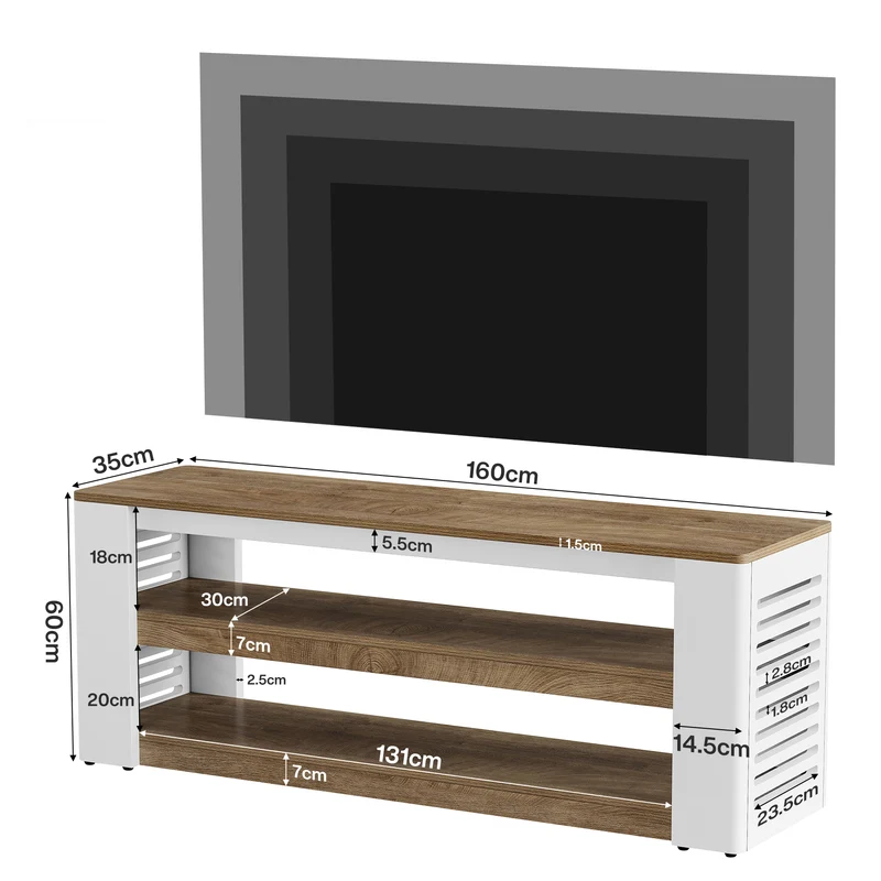 160 cm TV-Lowboard für Fernseher bis 75 Zoll, 3-stufiges TV-Möbel mit Stauraum und Lamellen-Seiten