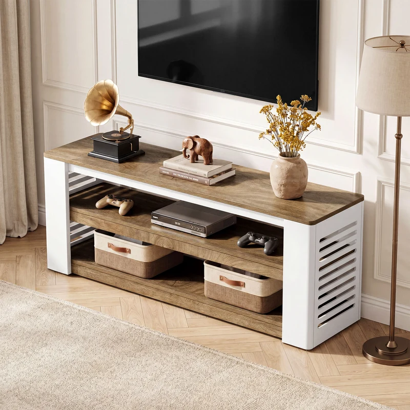 160 cm TV-Lowboard für Fernseher bis 75 Zoll, 3-stufiges TV-Möbel mit Stauraum und Lamellen-Seiten