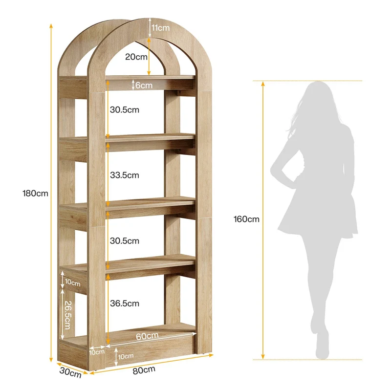180 cm 5-stöckiges Bücherregal aus Holz mit Bogenform
