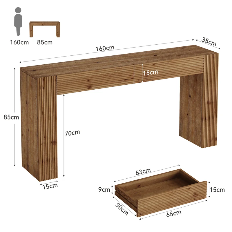 Tribesigns Massivholz Konsolentisch 160 cm mit 2 Schubladen, Flurtisch mit Rillenoptik