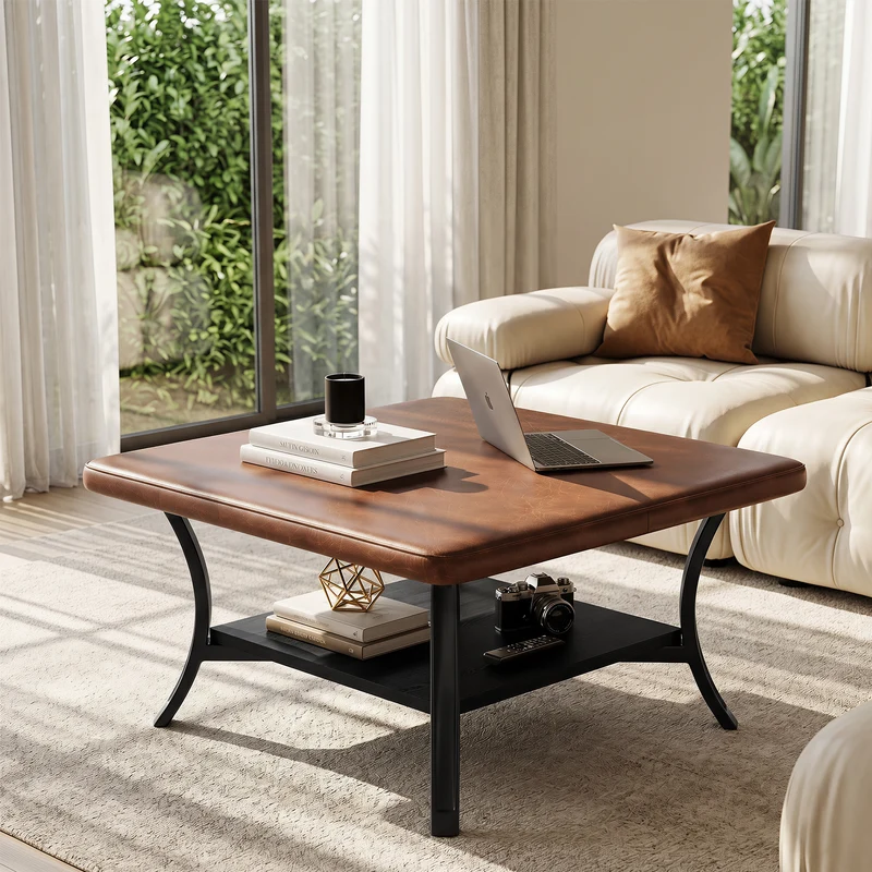 Tribesigns 80 cm Quadratischer Couchtisch mit PU-Leder, Gepolsterte Ottomane mit Ablage