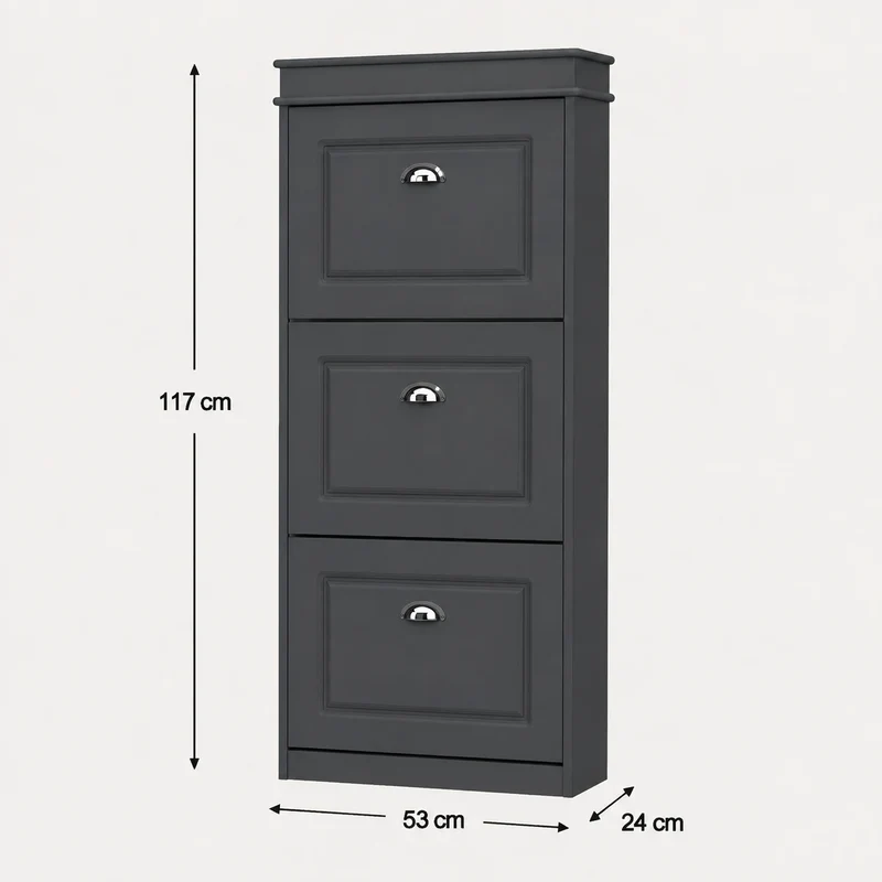 Schmaler Schuhkipper Anthrazit mit 3 Klappen – 53 × 24 × 117 cm