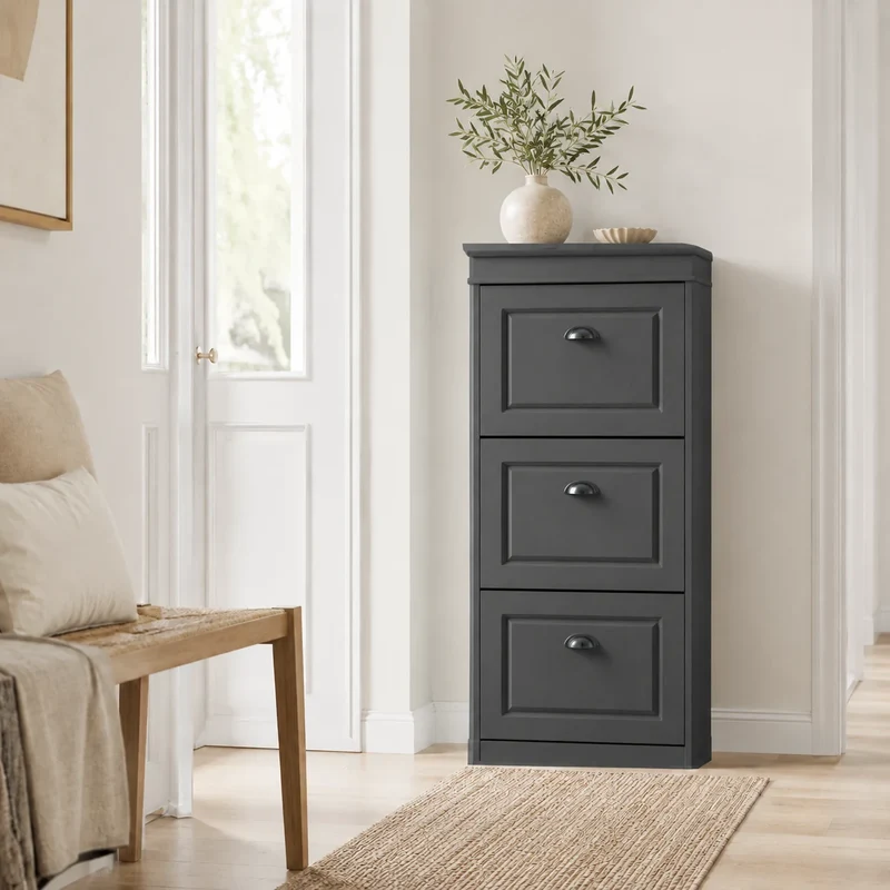 Schmaler Schuhkipper Anthrazit mit 3 Klappen – 53 × 24 × 117 cm