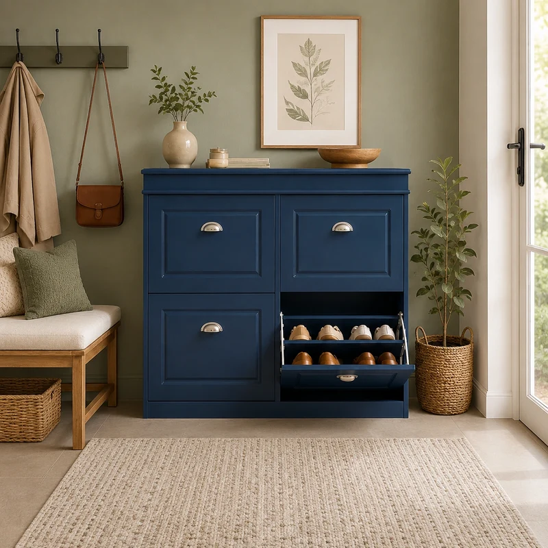 Schmaler Schuhkipper Blau mit 4 Klappen – 82 × 24 × 105 cm