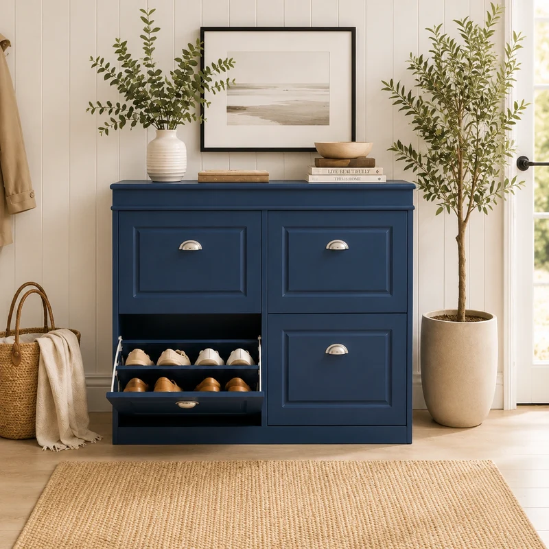 Schmaler Schuhkipper Blau mit 4 Klappen – 82 × 24 × 105 cm