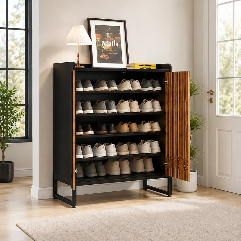 Schmaler Schuhschrank Holzoptik & Schwarz – 5 Ebenen