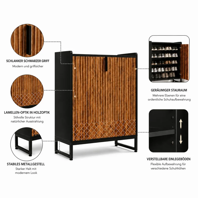 Schmaler Schuhschrank Holzoptik & Schwarz – 5 Ebenen