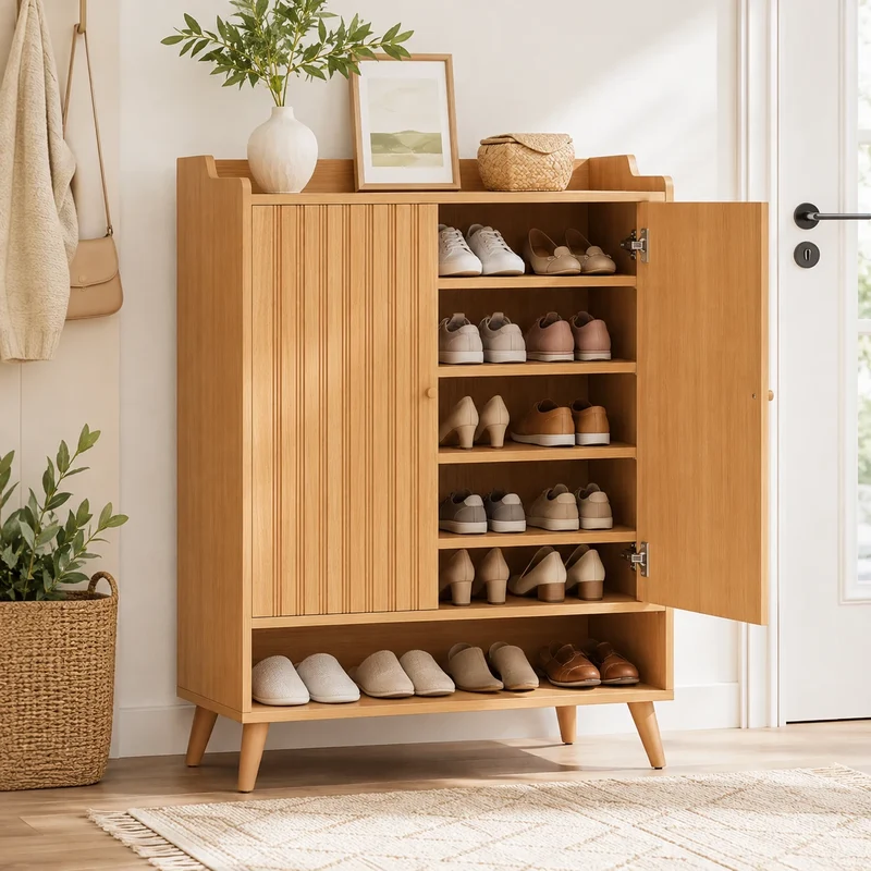 Schuhschrank in heller Holzoptik mit Lamellentüren – 5 Ebenen