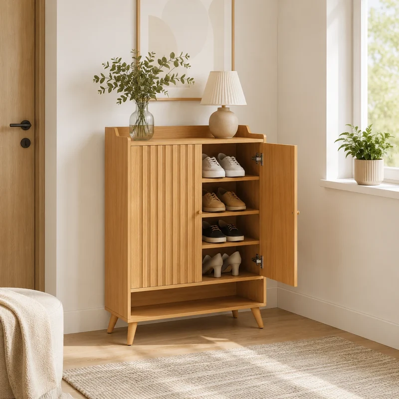 Schuhschrank in heller Holzoptik mit Lamellentüren – 5 Ebenen