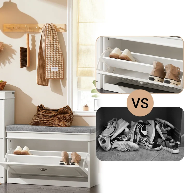 Schuhbank Grau mit Schublade und Sitzkissen