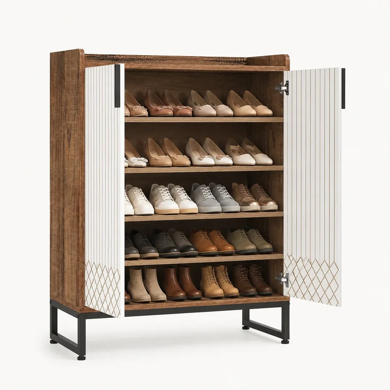 Schmaler Schuhschrank Holzoptik & Weiß – 5 Ebenen