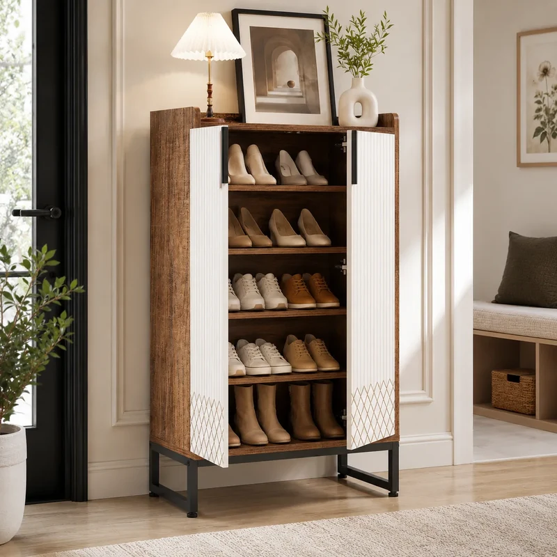 Schmaler Schuhschrank Holzoptik & Weiß – 5 Ebenen