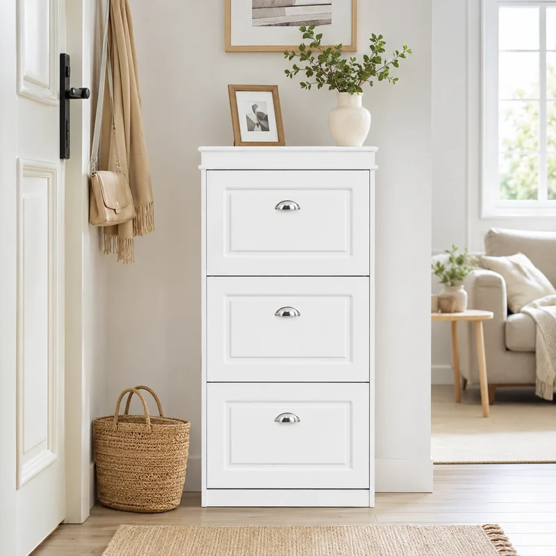 Schmaler Schuhkipper Weiß mit 3 Klappen – 53 × 24 × 117 cm