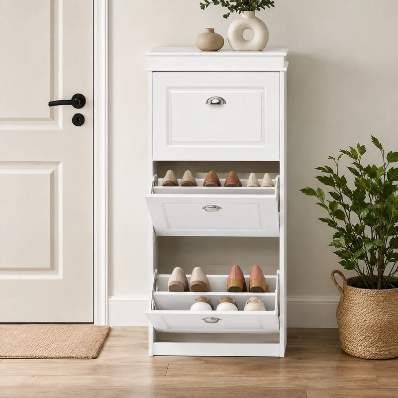 Schmaler Schuhkipper Weiß mit 3 Klappen – 53 × 24 × 117 cm