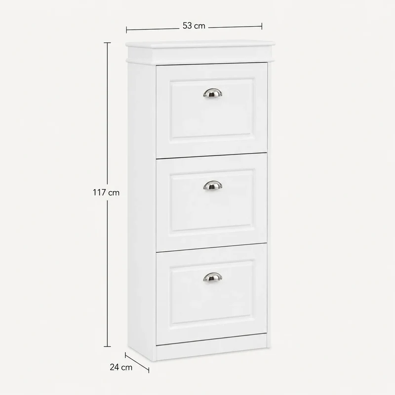 Schmaler Schuhkipper Weiß mit 3 Klappen – 53 × 24 × 117 cm