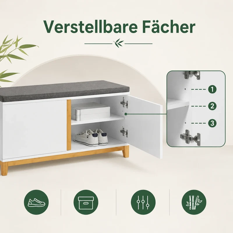 Weiße Schuhbank mit Stauraum und Sitzfläche – 4 Fächer