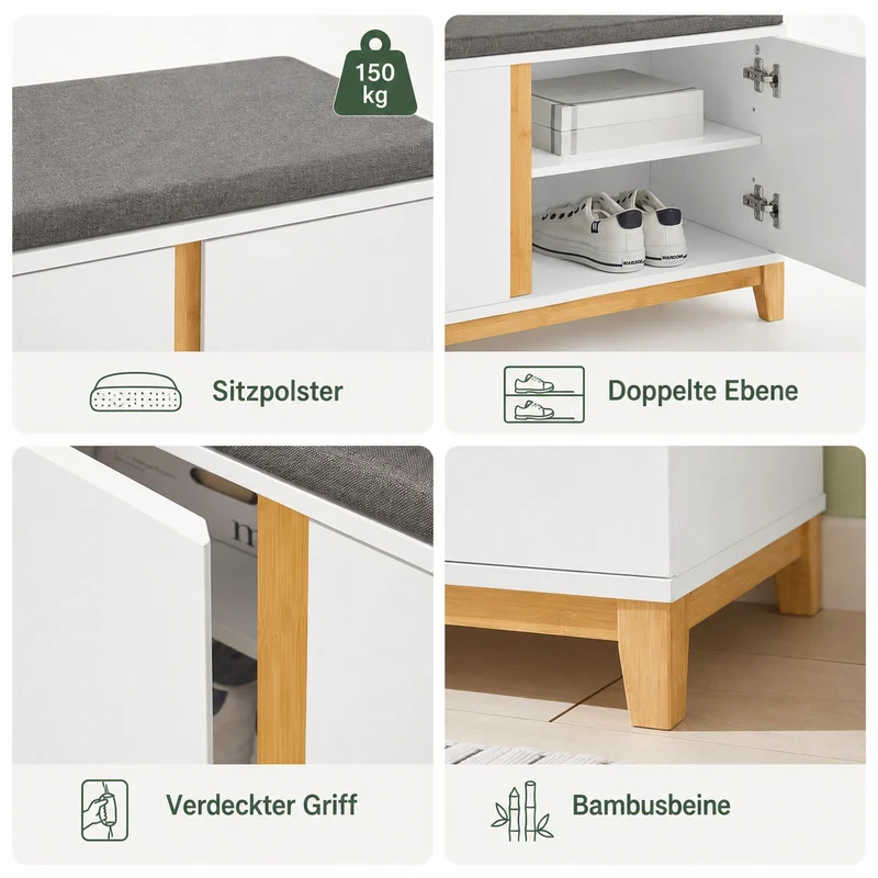 Weiße Schuhbank mit Stauraum und Sitzfläche – 4 Fächer