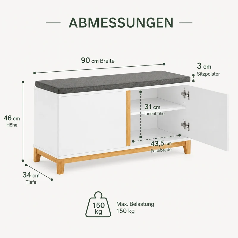 Weiße Schuhbank mit Stauraum und Sitzfläche – 4 Fächer