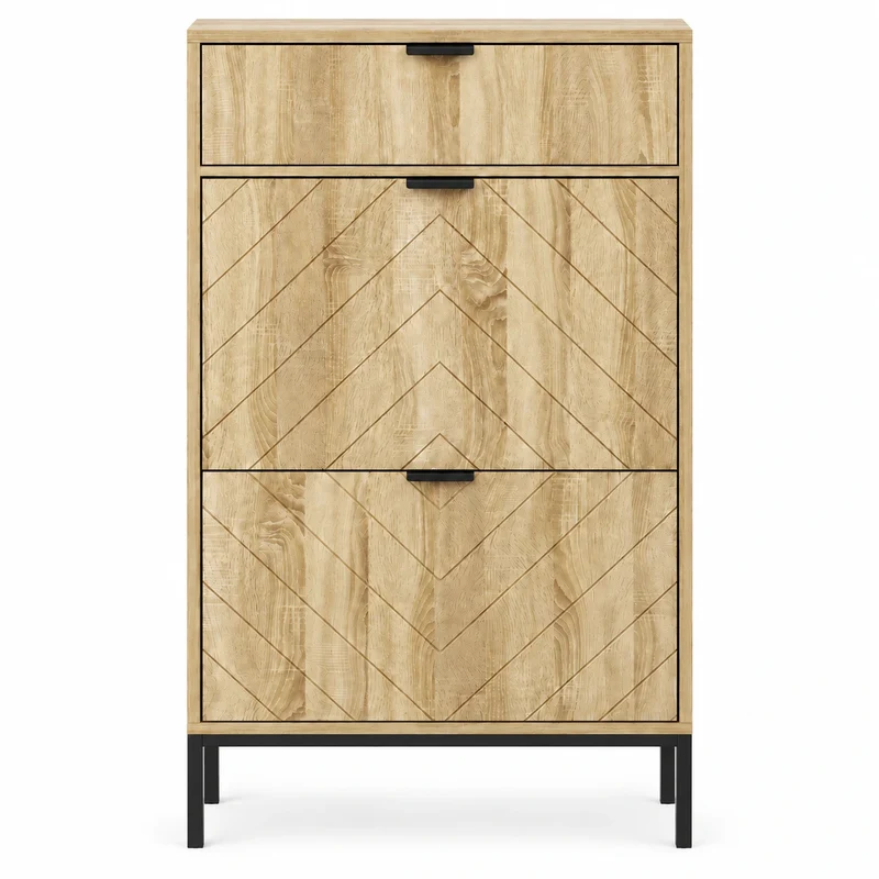Schmaler Schuhkipper Holzoptik mit 2 Klappen & Schublade – 24 cm tief