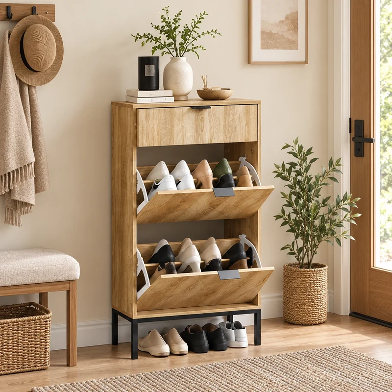 Schmaler Schuhkipper Holzoptik mit 2 Klappen & Schublade – 24 cm tief