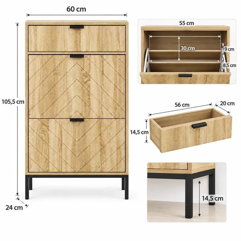 Schmaler Schuhkipper Holzoptik mit 2 Klappen & Schublade – 24 cm tief