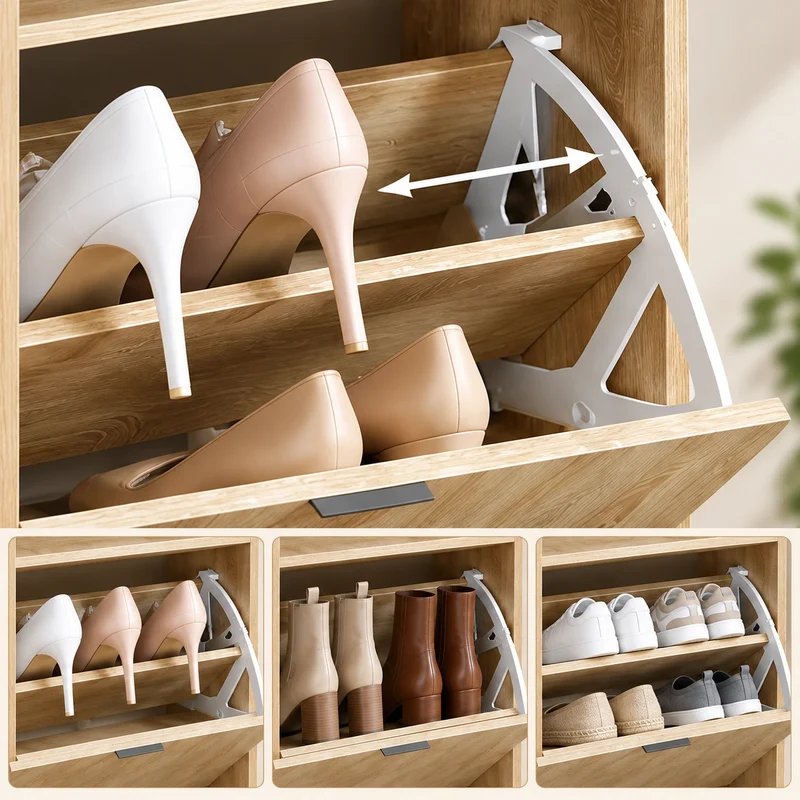 Schmaler Schuhkipper Holzoptik mit 2 Klappen & Schublade – 24 cm tief