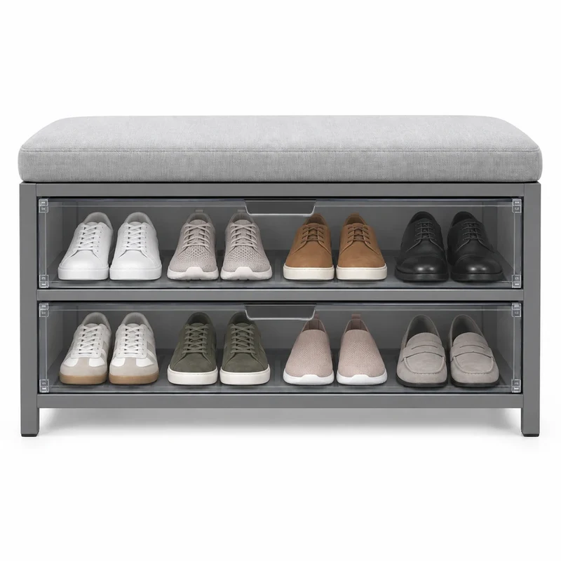 Schuhbank Grau mit Sitzpolster – 2 Fächer für 6–8 Paar