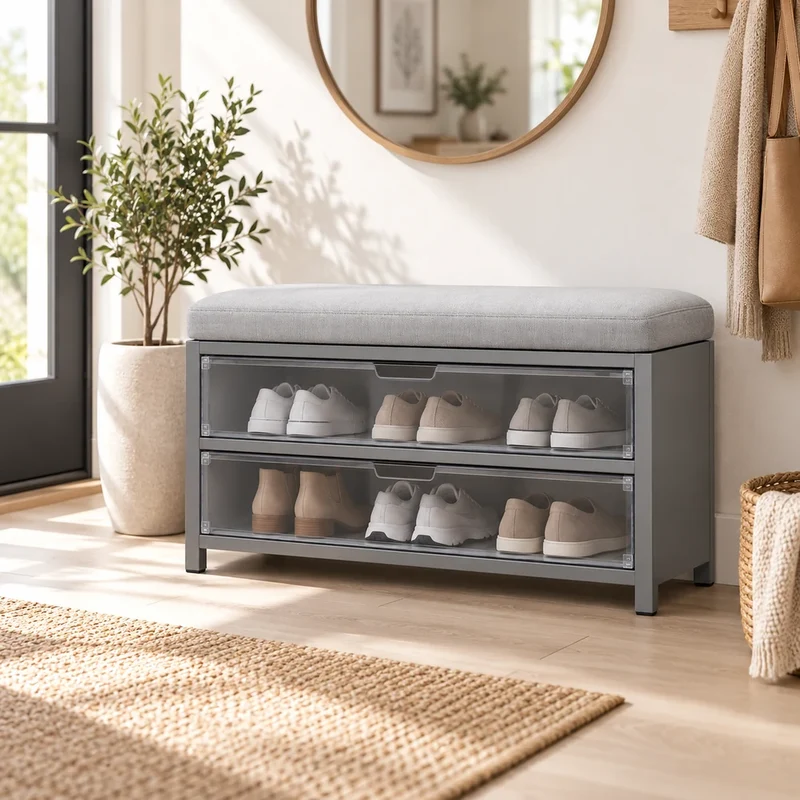 Schuhbank Grau mit Sitzpolster – 2 Fächer für 6–8 Paar