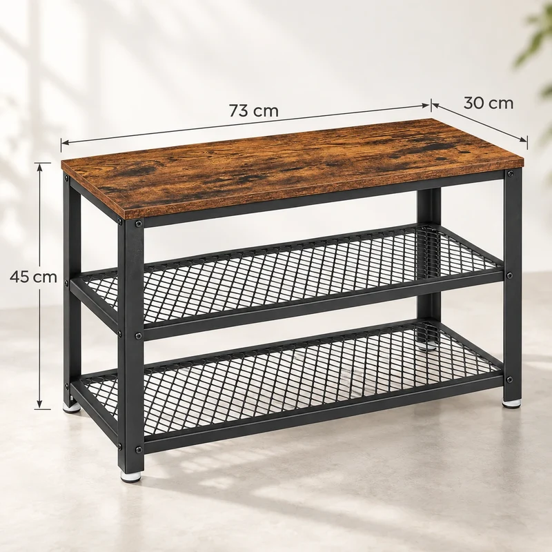 Schuhbank Vintagebraun-Schwarz mit 2 Ablagen – 73 × 30 × 45 cm