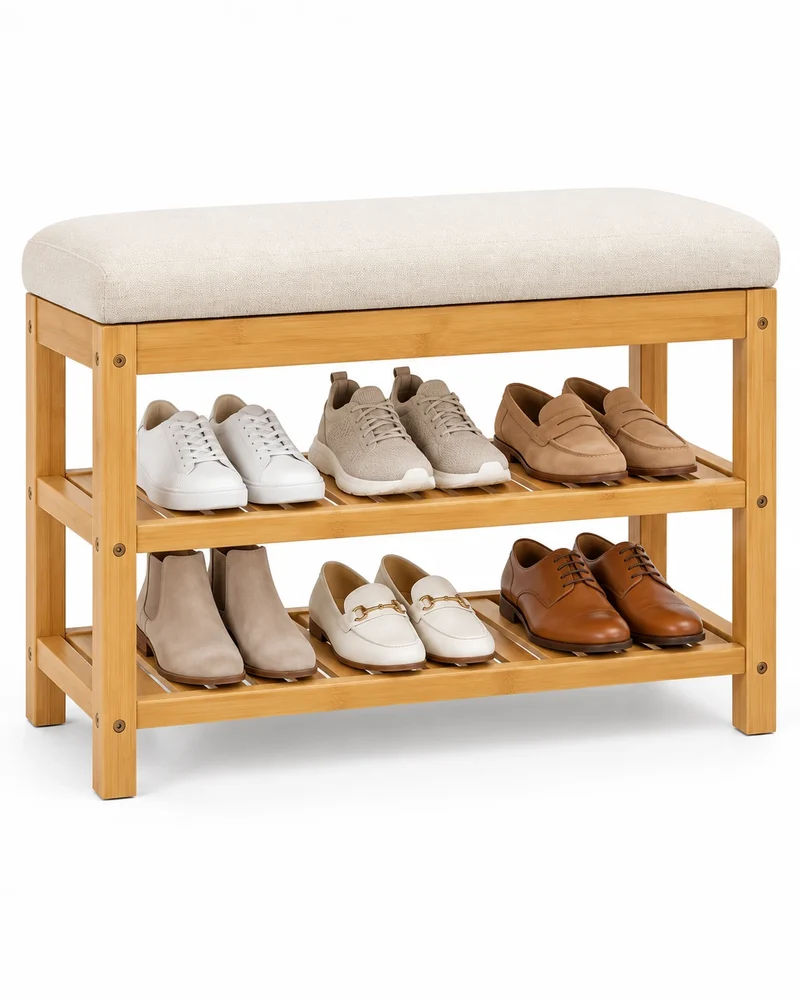 Schuhbank Bambus mit Sitzpolster – 60 × 29 × 49 cm