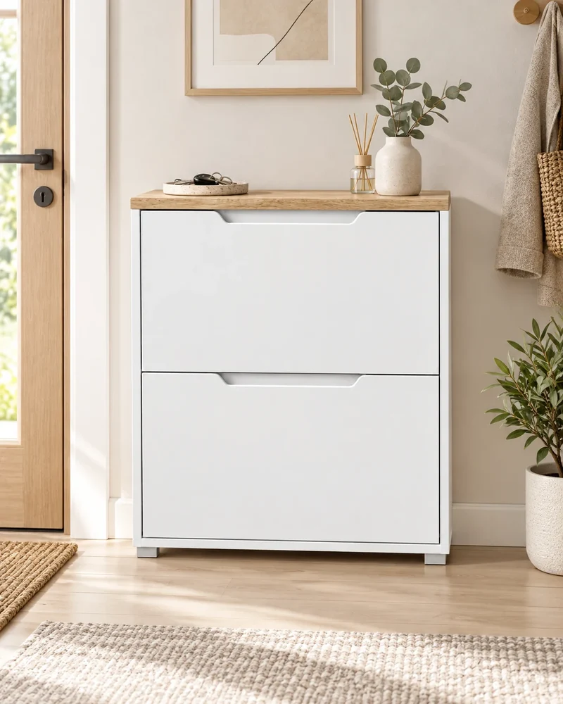 Schuhschrank Schmal Weiß – 2 Klappen, 72 × 26 × 80 cm