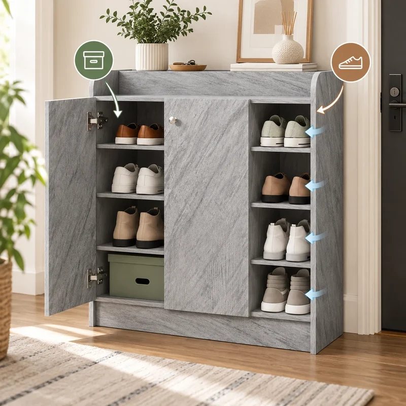 Schuhschrank Grau 83 cm – 4 Fächer für ca. 16 Paar