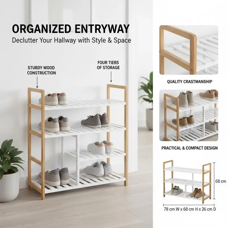 Schuhregal 4 Ebenen Holzoptik – 78 × 68 × 26 cm