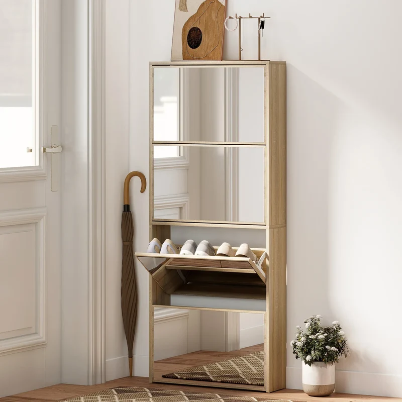 Schuhschrank schmal aus Holz mit 4 abklappbaren Klappen