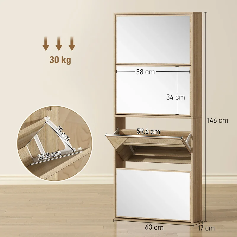 Schuhschrank schmal aus Holz mit 4 abklappbaren Klappen