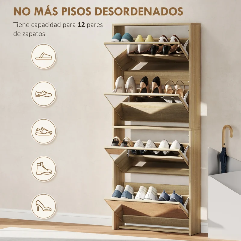 Schuhschrank schmal aus Holz mit 4 abklappbaren Klappen