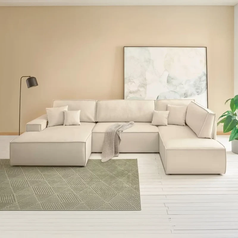 Wohnlandschaft U-Form mit Schlaffunktion creme - FINNLEY