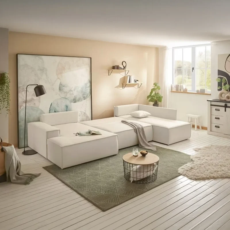 Wohnlandschaft U-Form mit Schlaffunktion creme - FINNLEY