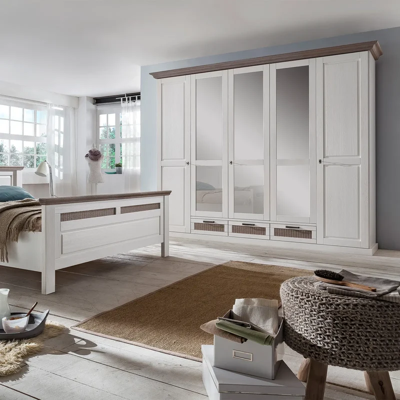5-türiger Kleiderschrank in Pinie Weiß Landhausstil mit Spiegel & Schubladen - Lugano