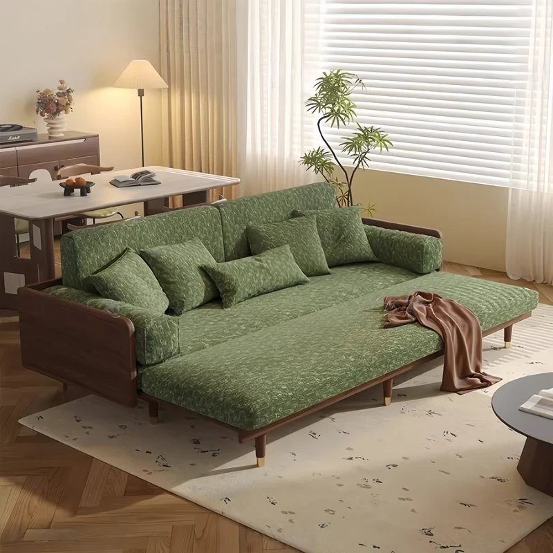 Schlafsofa aus massivem Eschenholz mit Bezug aus Chenille-Stoff mit vierblättrigem Kleeblattmuster